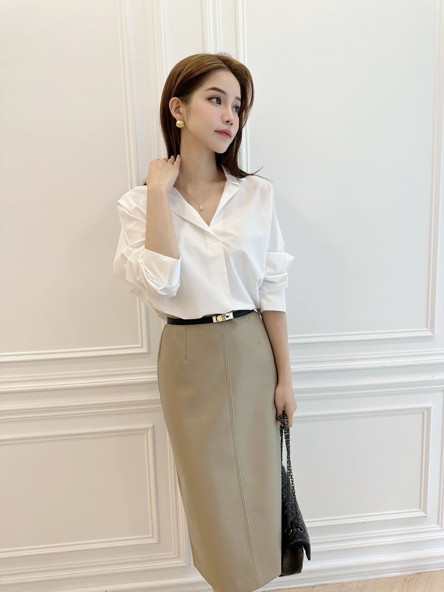 質感皮窄裙(杏)