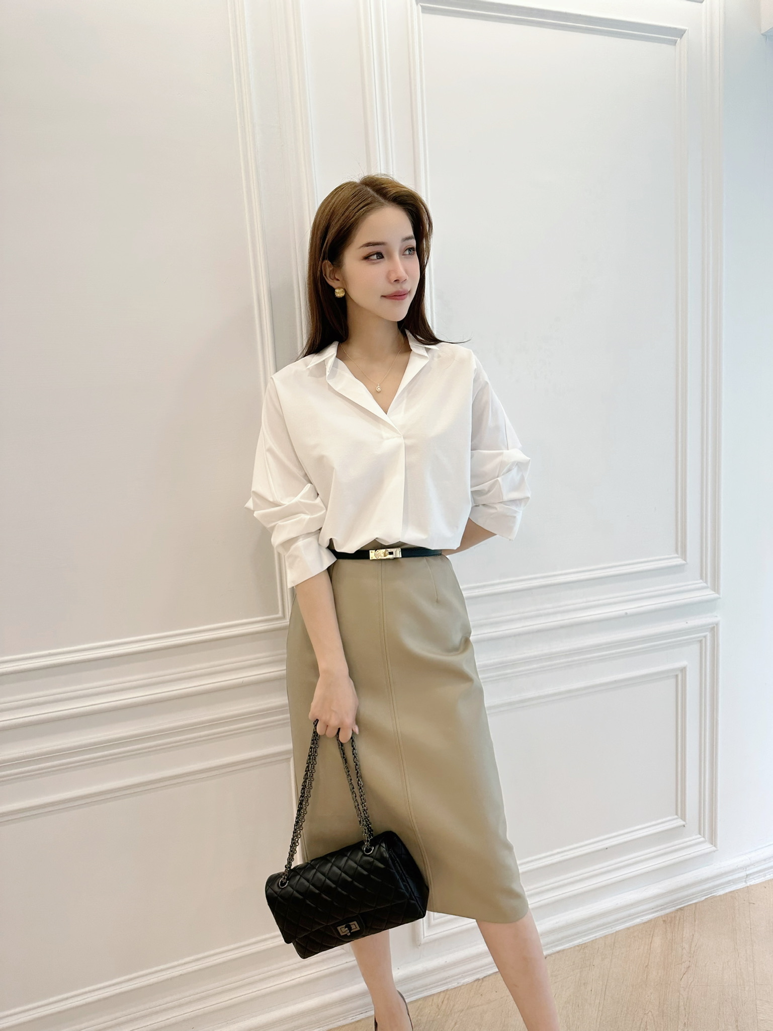 質感皮窄裙(杏)