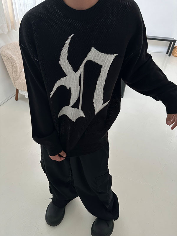 EN字母圓領提花針織衫上衣