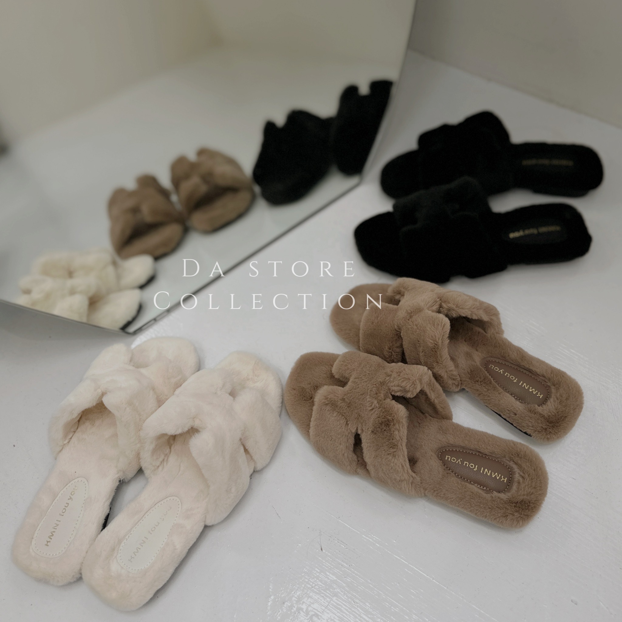 皮標毛絨絨平底拖鞋/三色平底拖鞋/三色