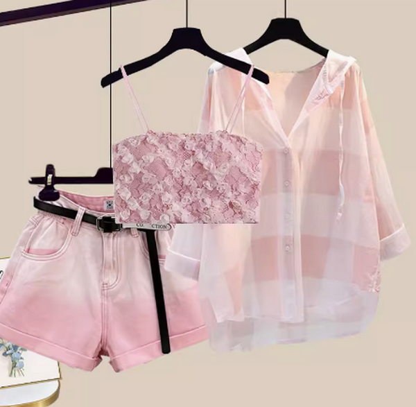 Sun protection top and denim shorts three-piece set