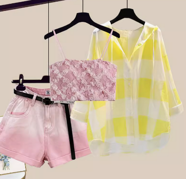 Sun protection top and denim shorts three-piece set