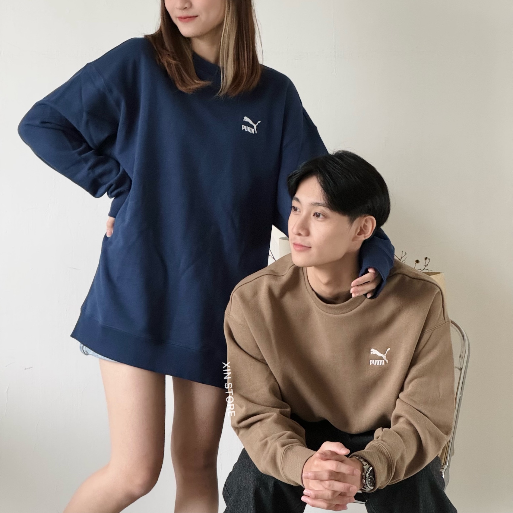 【現貨】Puma Classics 長袖 大學Tee 刺繡 深藍 棕色