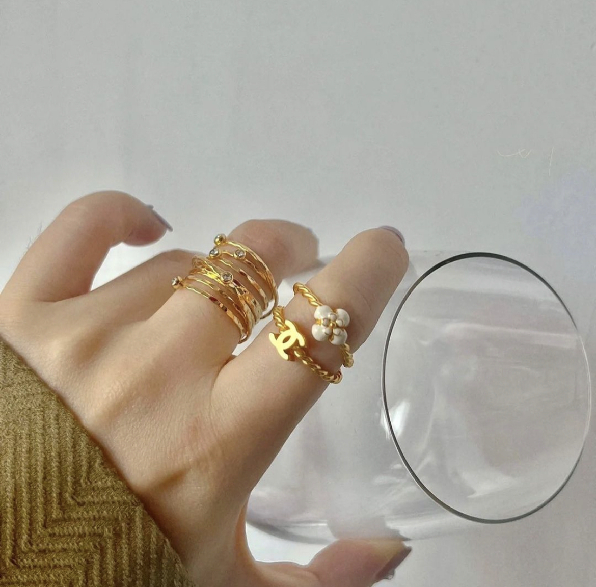 香奶奶 雙c山茶花二件翻玩開口戒set