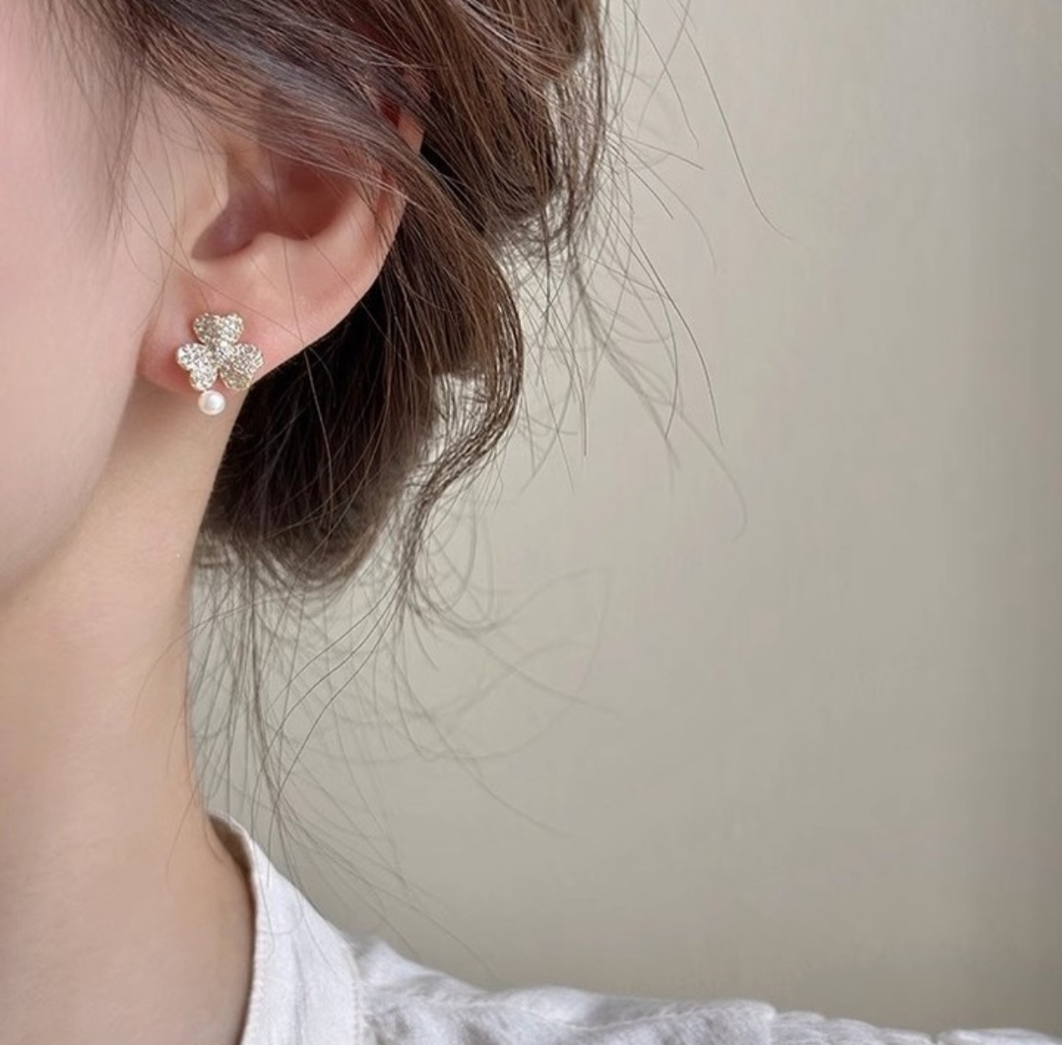 白金鑽桃心三葉草珍珠耳釘