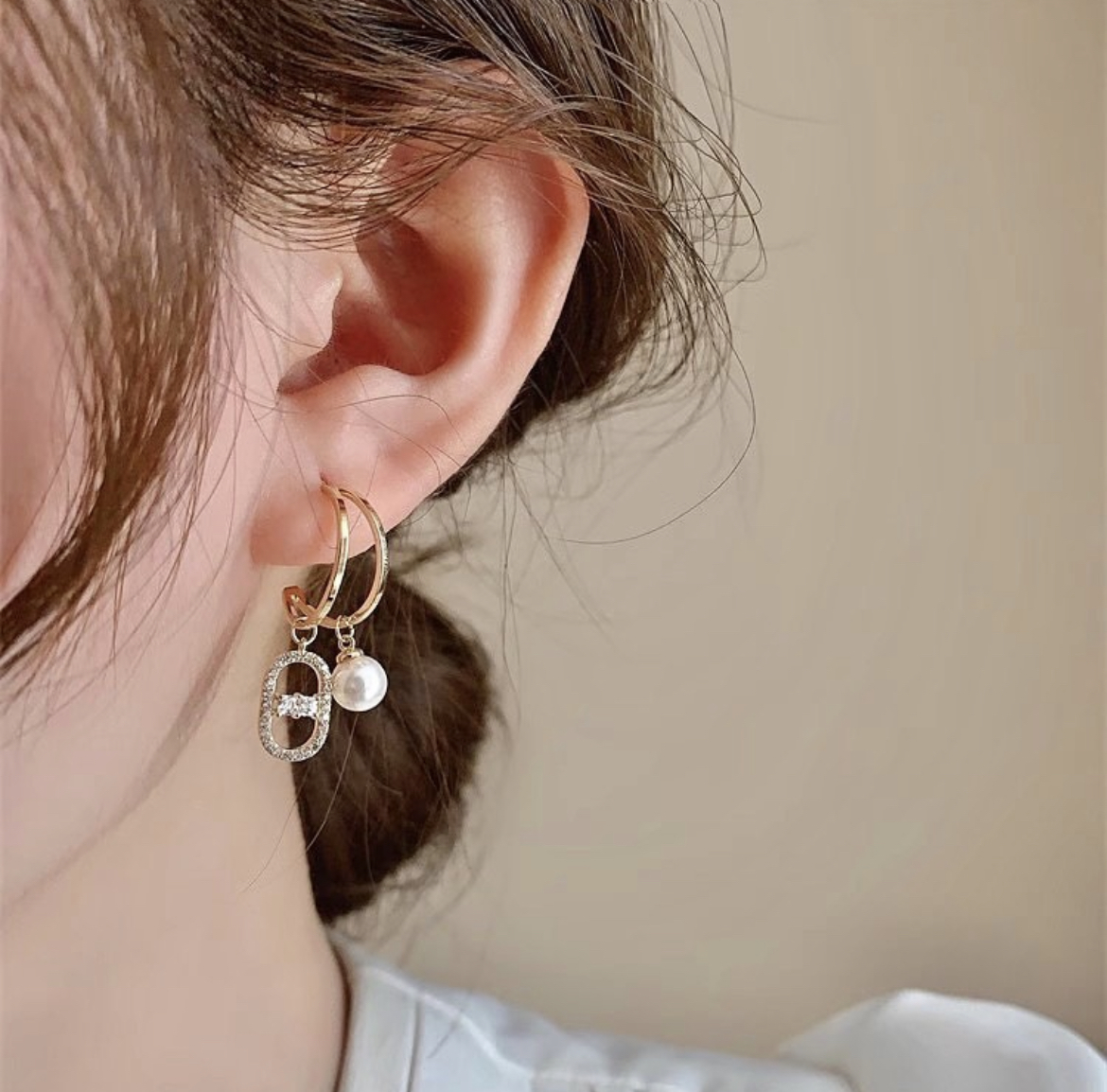 豬鼻珍珠 白金鑽假雙圈小墜釘