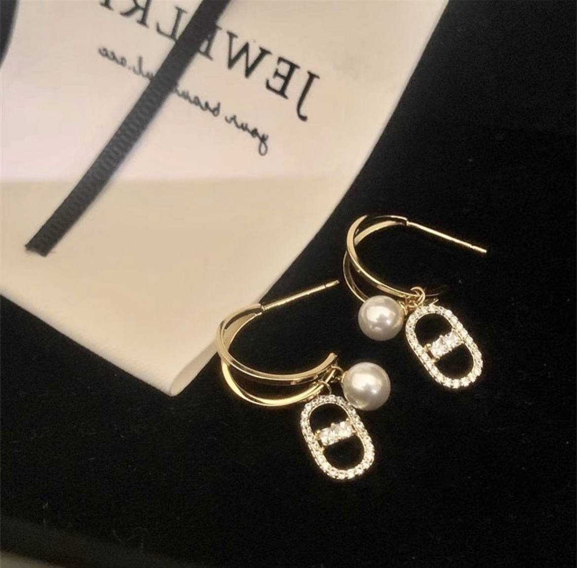 豬鼻珍珠 白金鑽假雙圈小墜釘