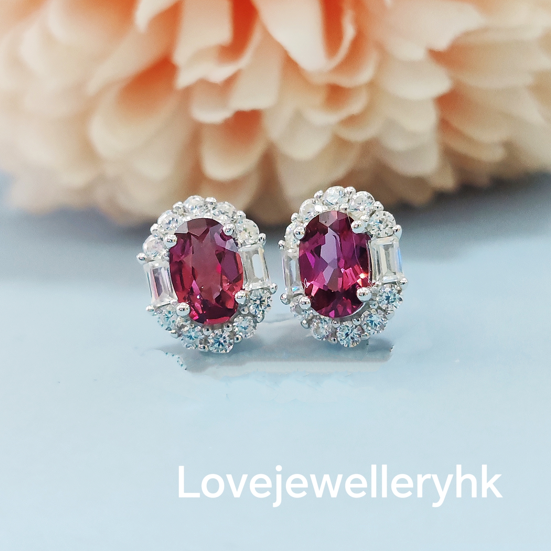 天然石榴石橢圓形耳環     GE018