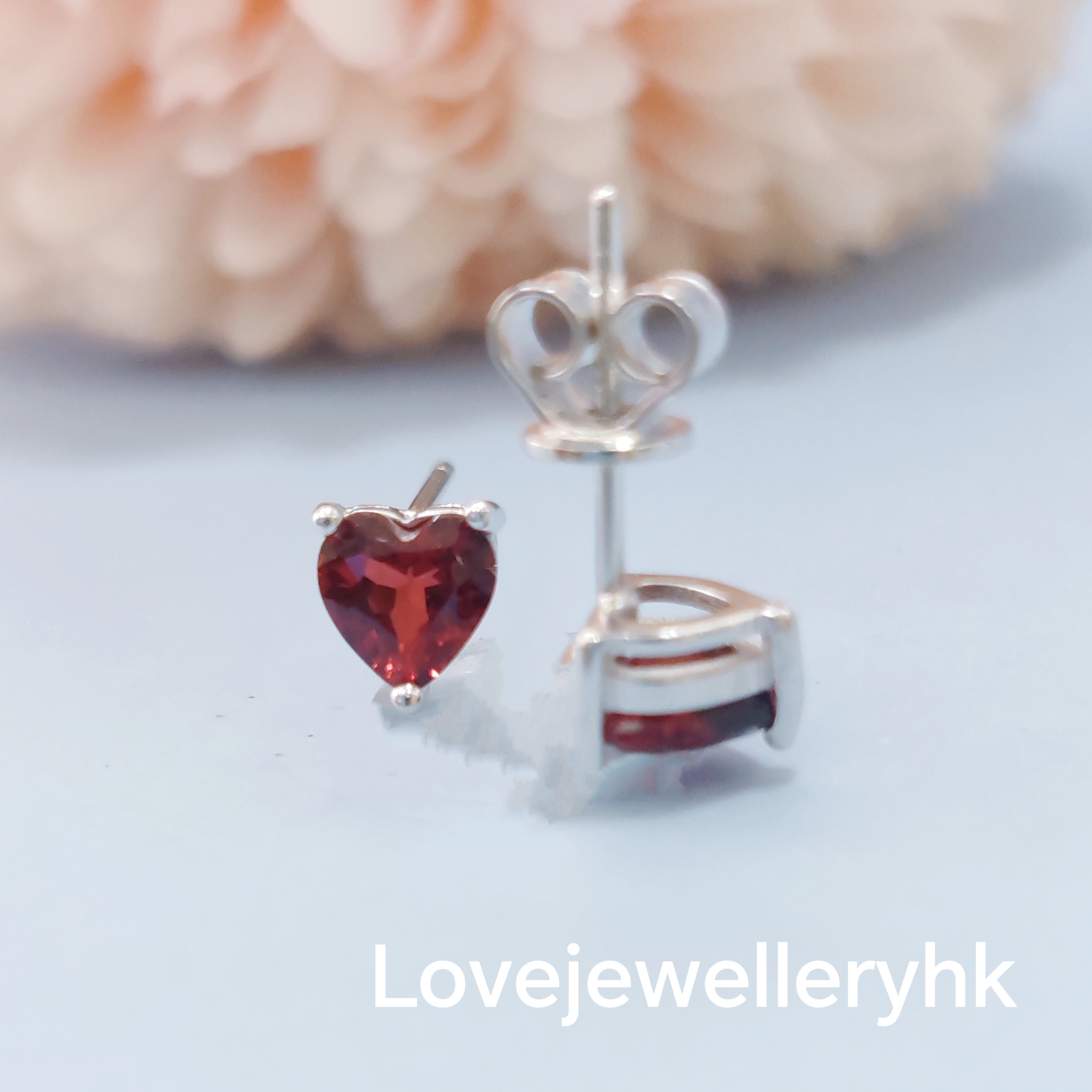 天然石榴石心型耳環    GE013