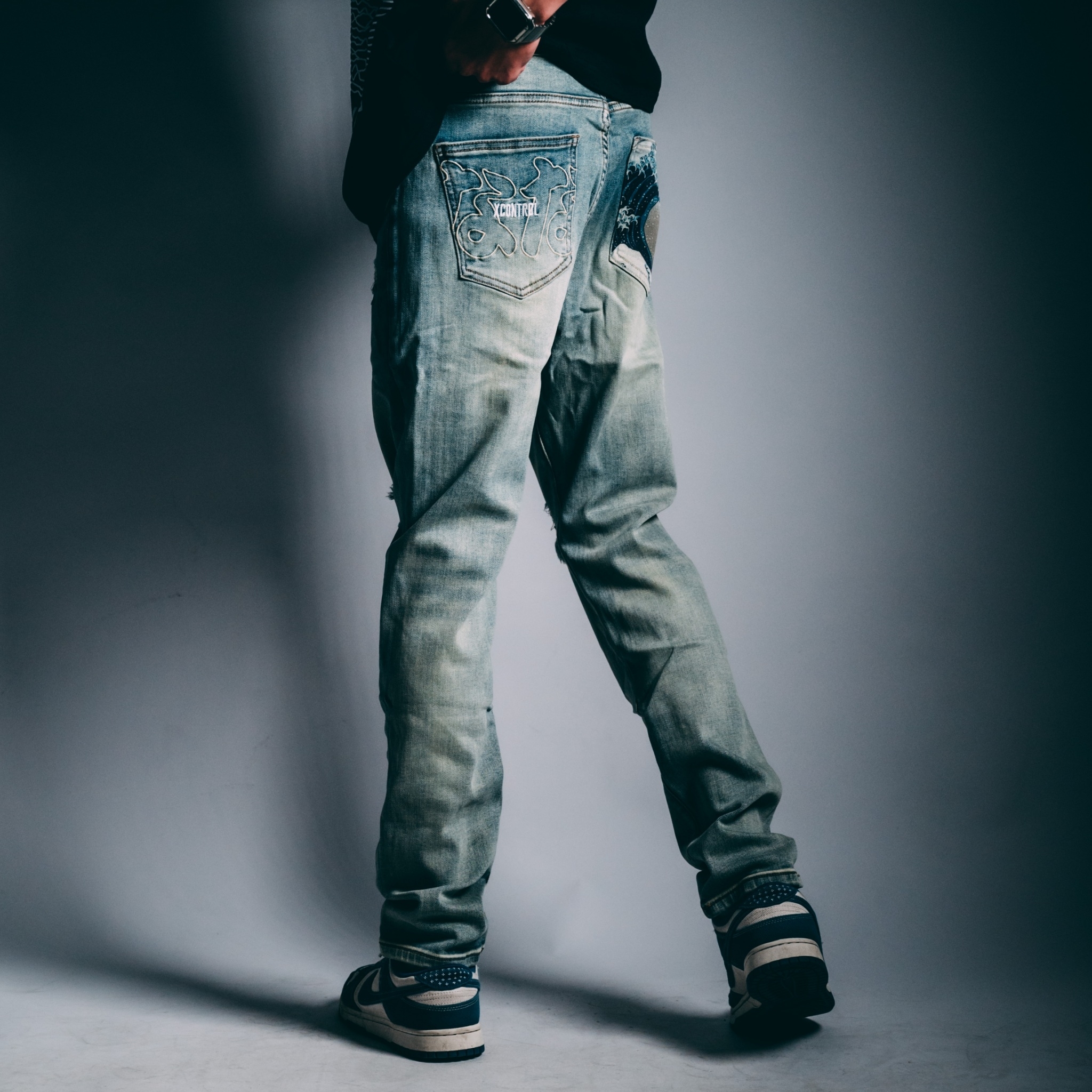 XCTRL 七週年神奈川沖浪裏破壞牛仔褲-淺藍