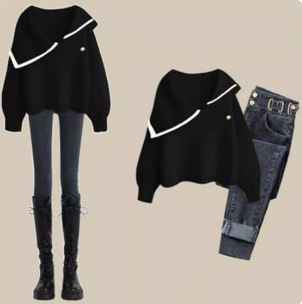 Knitted sweater jeans suit