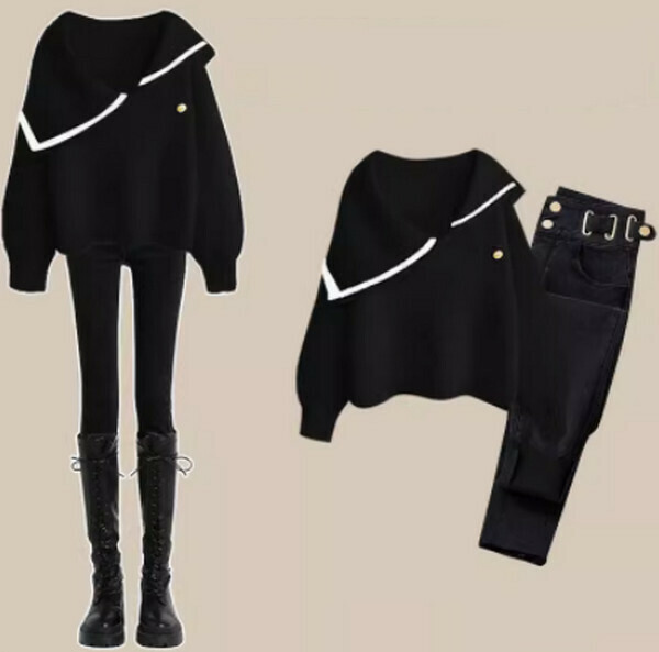 Knitted sweater jeans suit