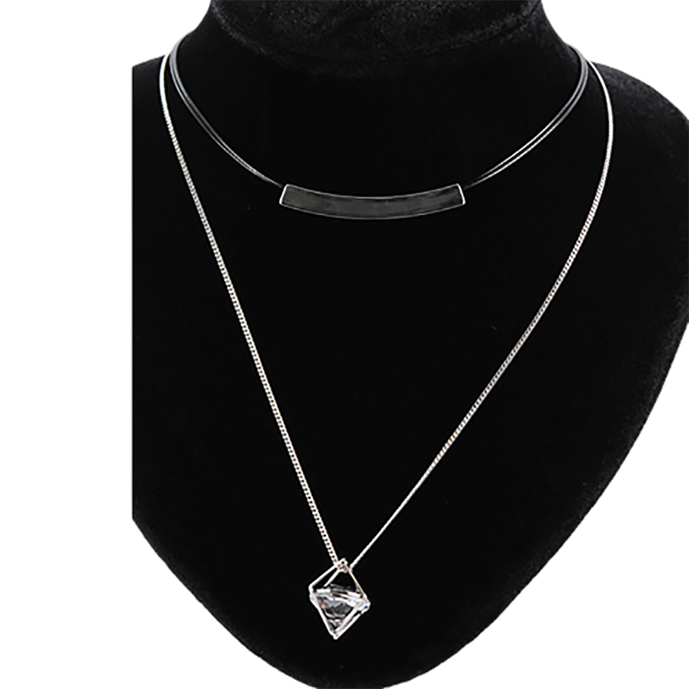 鑽石造型皮繩鋼鍊雙層項鍊【十方】140512