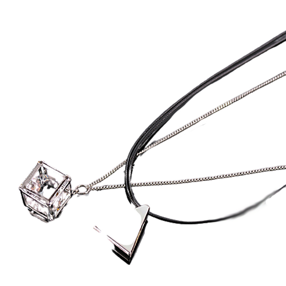 鑽石造型皮繩鋼鍊雙層項鍊【十方】140513