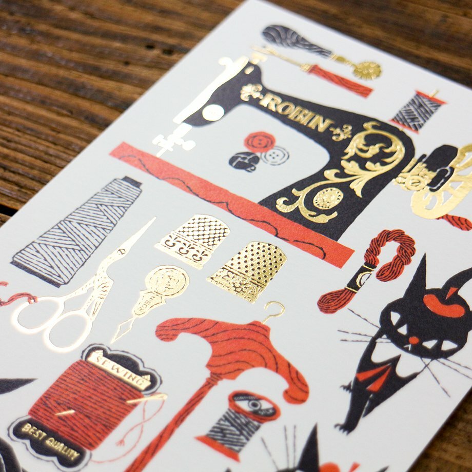 黑貓意匠 縫紉 箔押明信片｜日本表現社