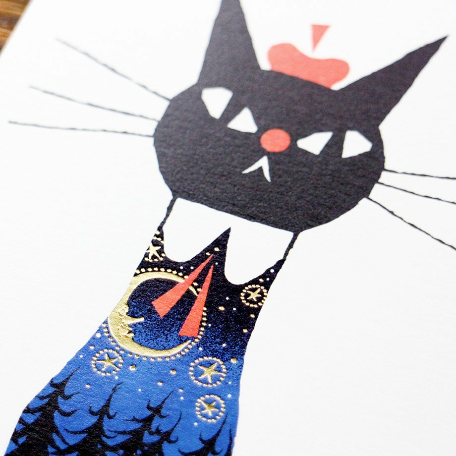 黑貓意匠 夜間森林 箔押明信片｜日本表現社