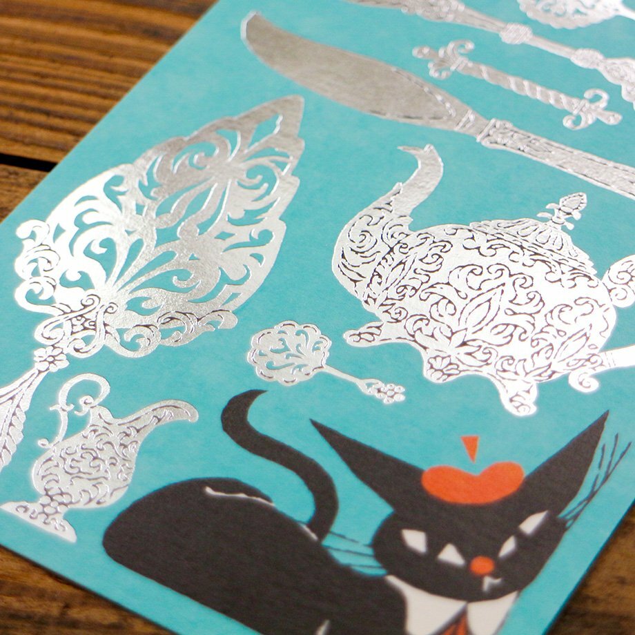 黑貓意匠 餐具 箔押明信片｜日本表現社