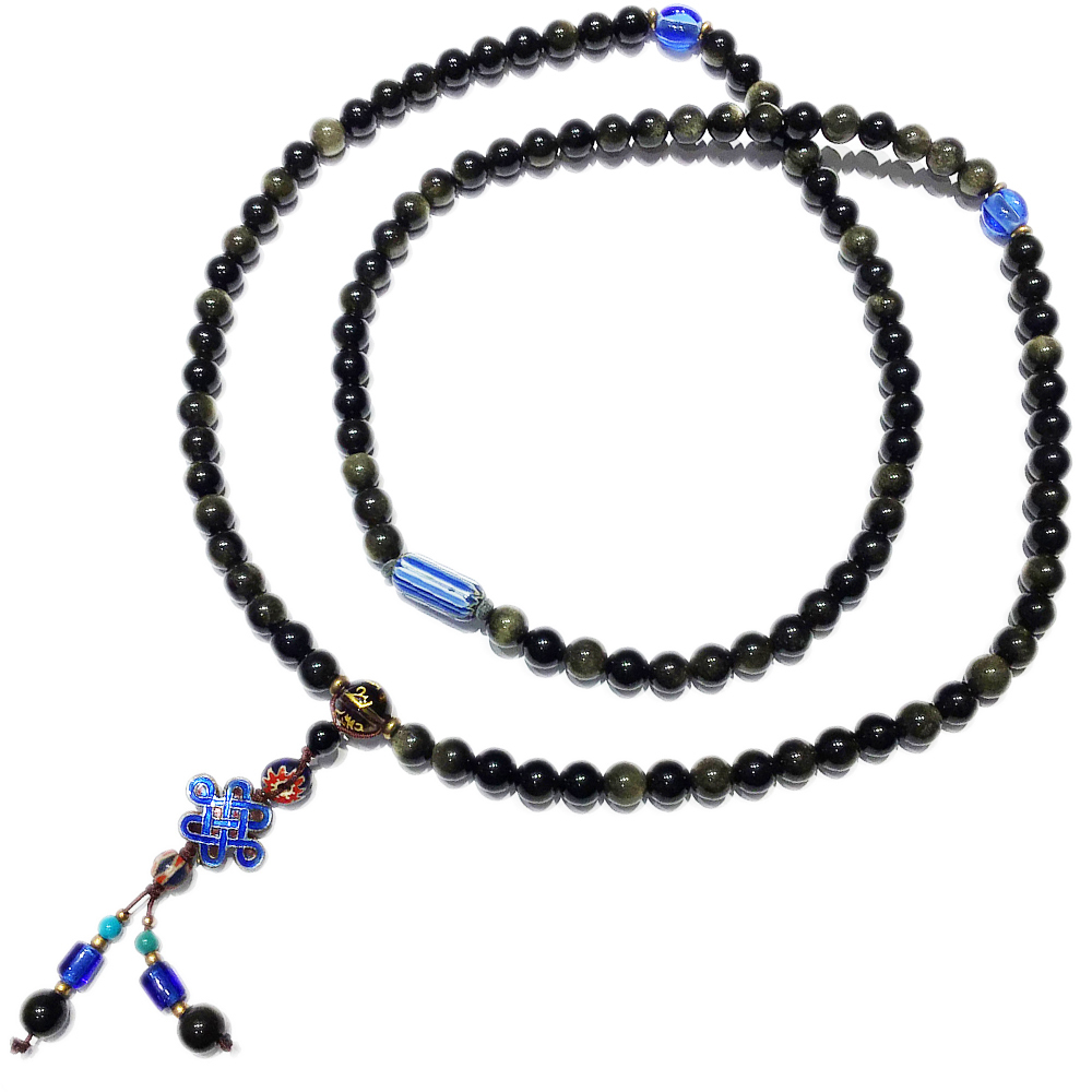 吉祥結{琺瑯}&金黑曜岩108念珠8mm【十方】127264