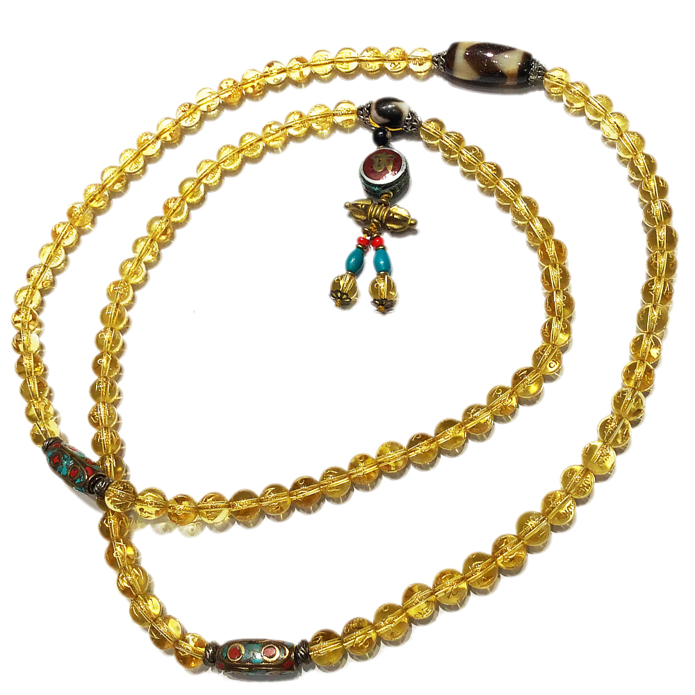 虎牙天珠&六字真言{黃晶}108念珠8mm【十方】126789