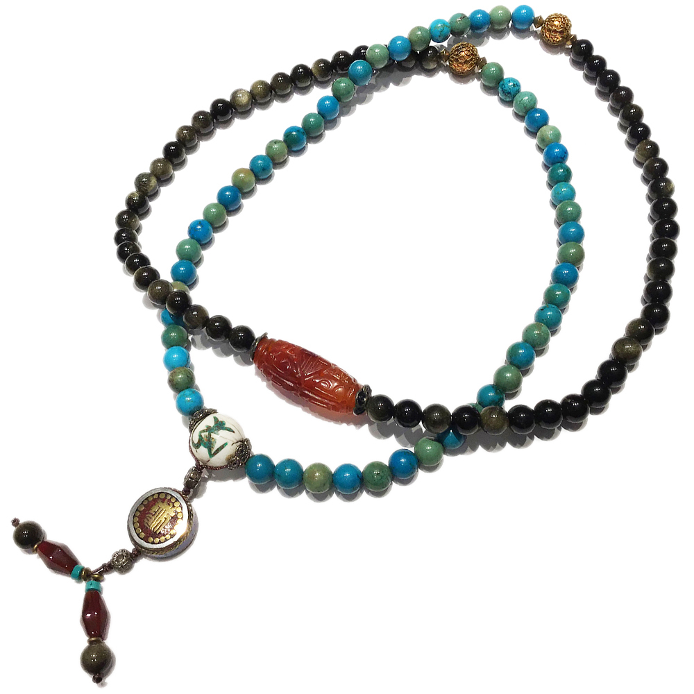 紅玉髓{天珠}&老硨磲&金黑曜岩108念珠8mm【十方】127370