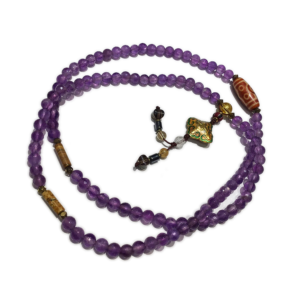 火供天珠&金吉祥{琺瑯}&紫晶108念珠5mm【十方】149741