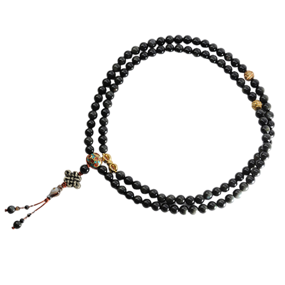 吉祥結(鎏銀)&彩虹黑曜岩108念珠8mm【十方】150015