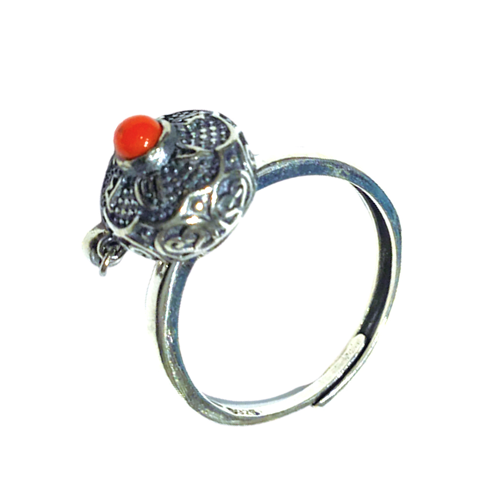 紅珊瑚+轉經輪925純銀戒【十方】150485