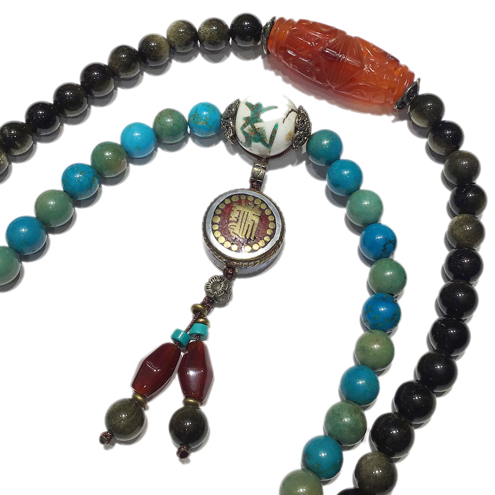 紅玉髓{天珠}&老硨磲&金黑曜岩108念珠8mm【十方】127370