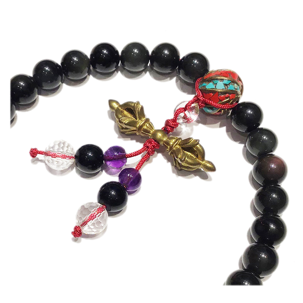 金剛杵{鎏金}黑曜岩提珠8mm【十方】131019