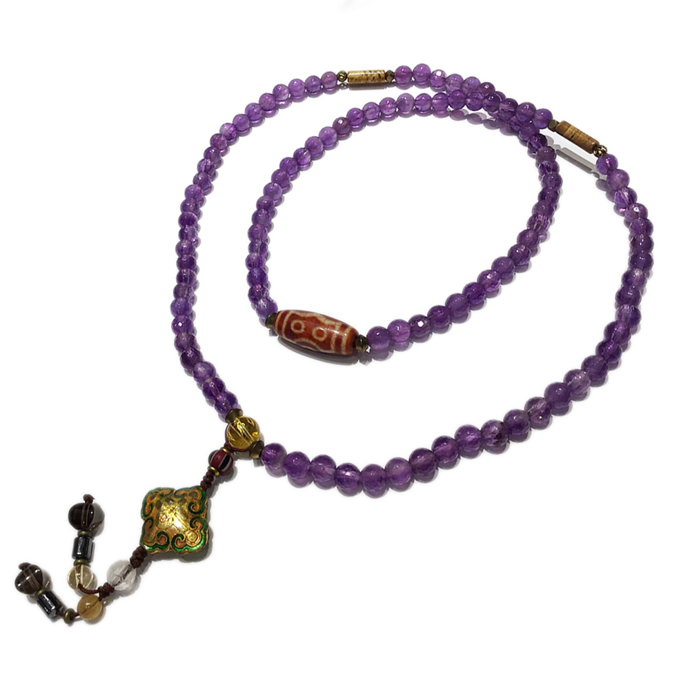 火供天珠&金吉祥{琺瑯}&紫晶108念珠5mm【十方】149741