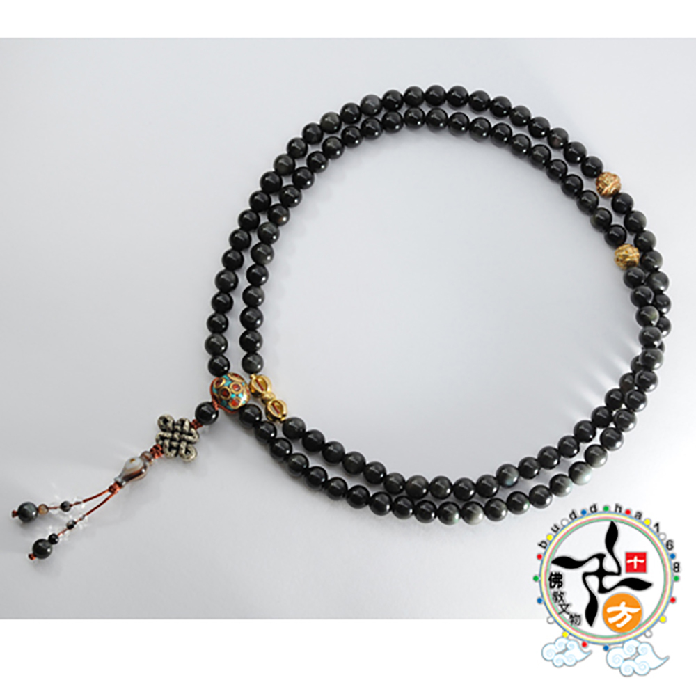 吉祥結(鎏銀)&彩虹黑曜岩108念珠8mm【十方】150015
