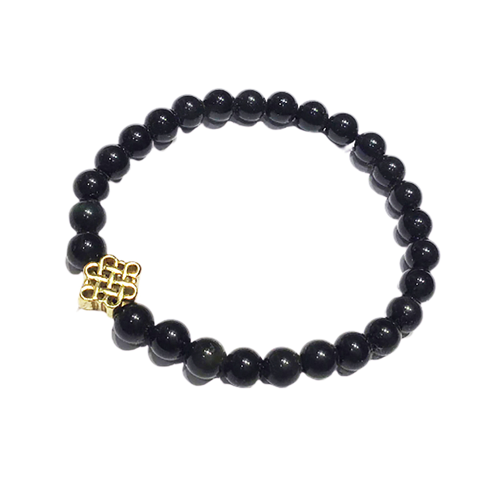 吉祥結{銅鎏金}黑曜岩手珠6mm【十方】130257