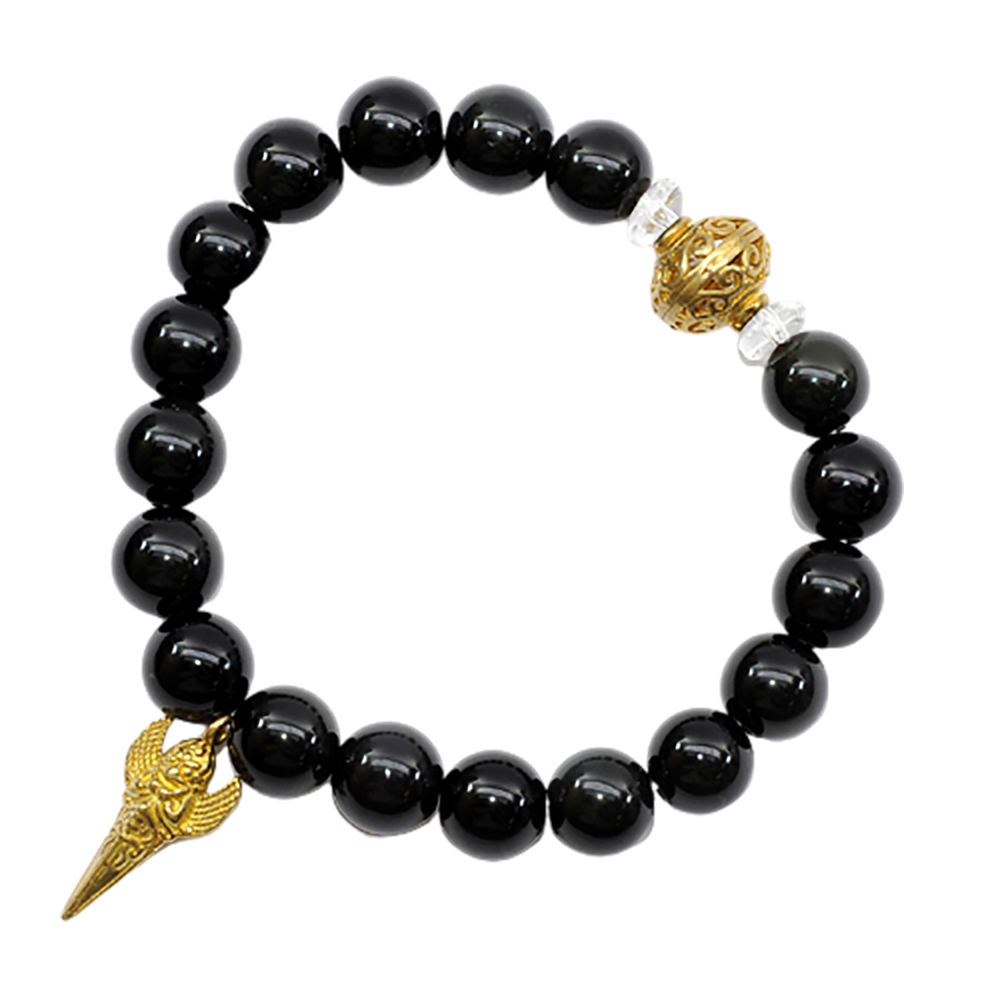 六字真言{黃晶}黑曜岩手珠10mm【十方】130254