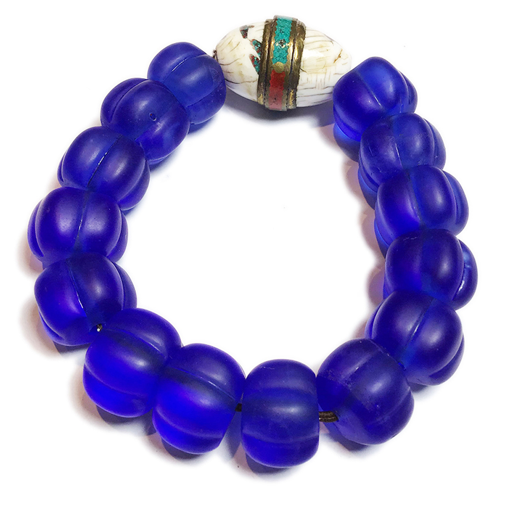 老硨磲天珠&福瓜藍琉璃手珠16mm【十方】130687