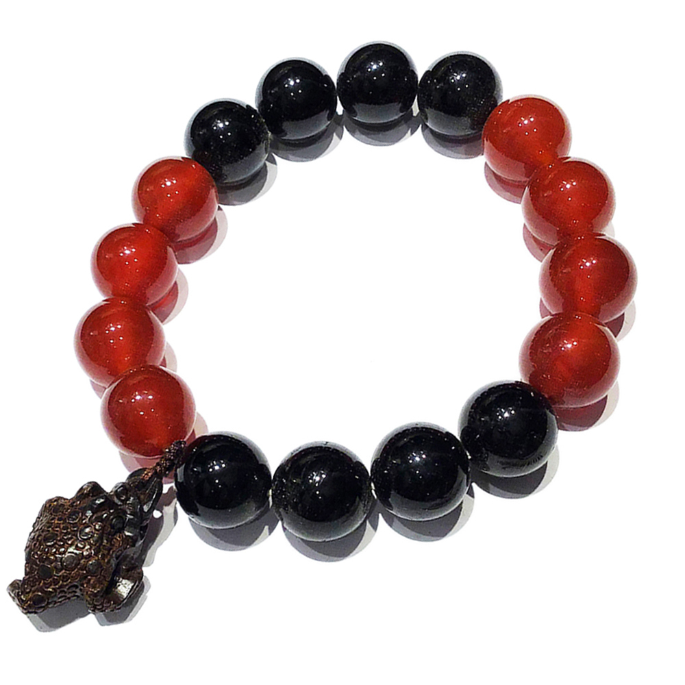 咬錢蟾蜍+黑碧璽+紅玉髓手珠12mm【十方】133634