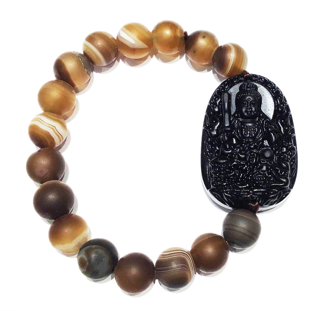 文殊菩薩黑曜岩+玉髓手珠【十方】140805