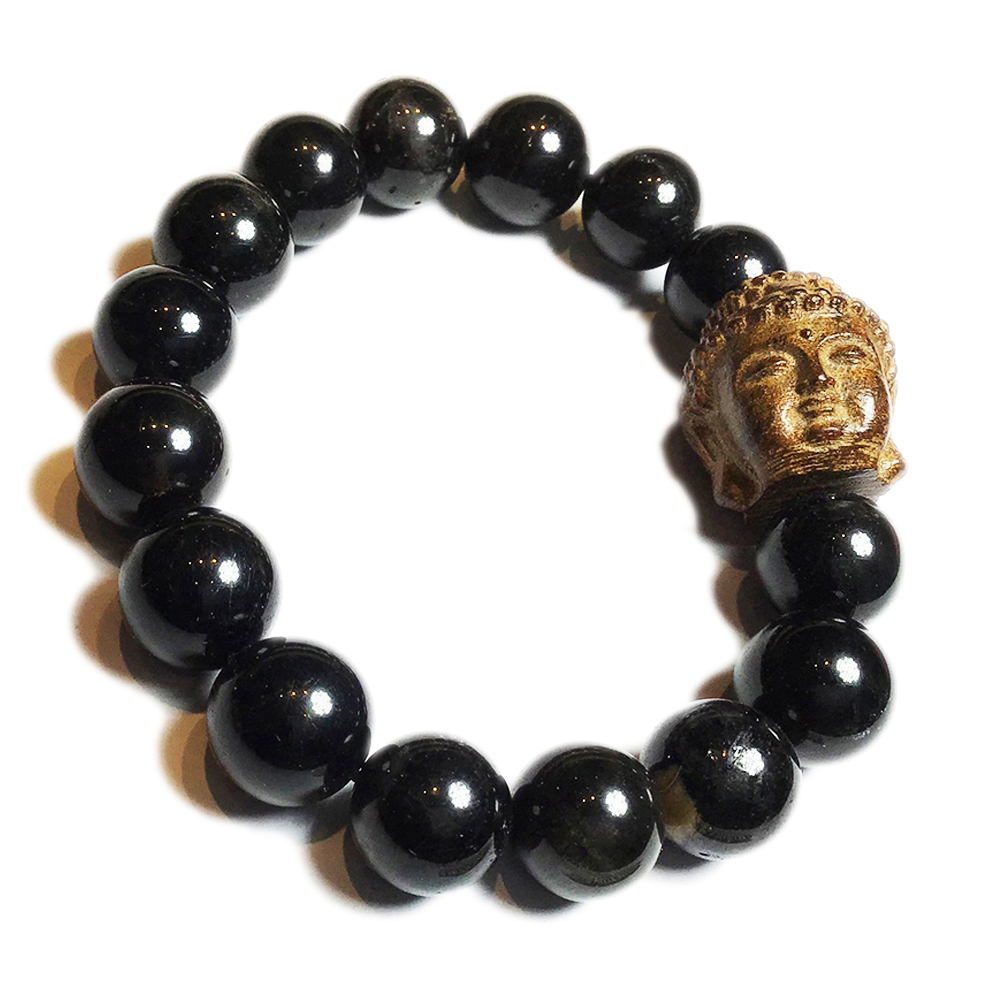 佛首{土沉香木雕}黑碧璽髮晶手珠12mm【十方】148286