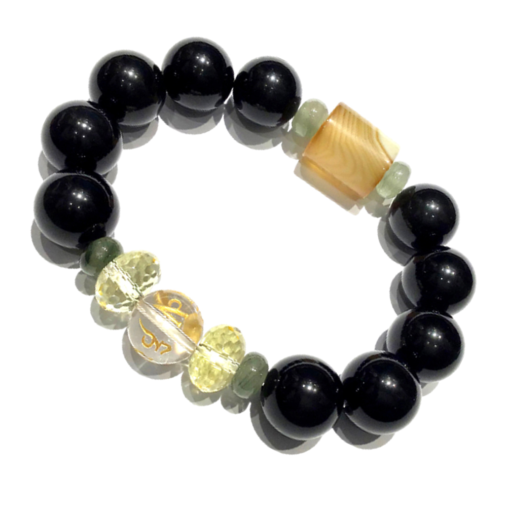 六字真言{水晶}+黑曜岩手珠16mm【十方】150350