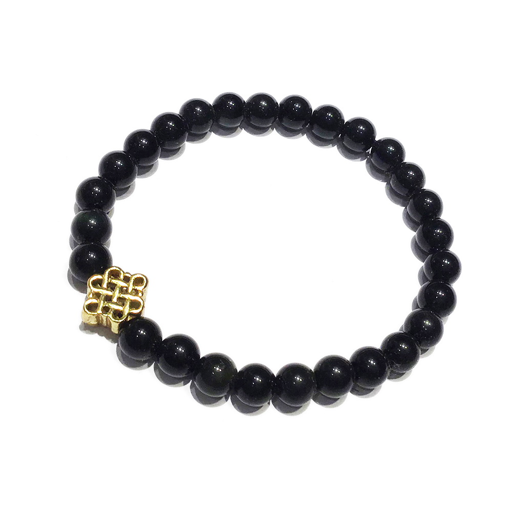 吉祥結{銅鎏金}黑曜岩手珠6mm【十方】130257