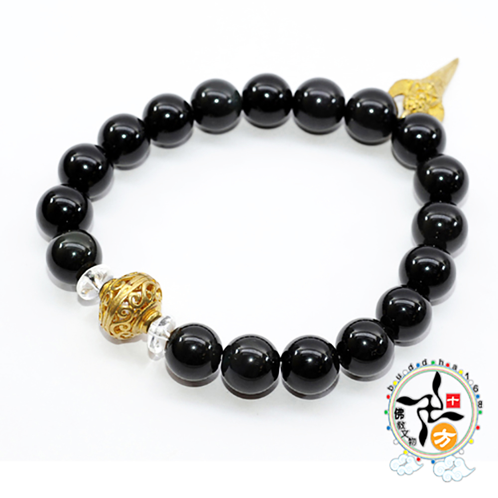 六字真言{黃晶}黑曜岩手珠10mm【十方】130254