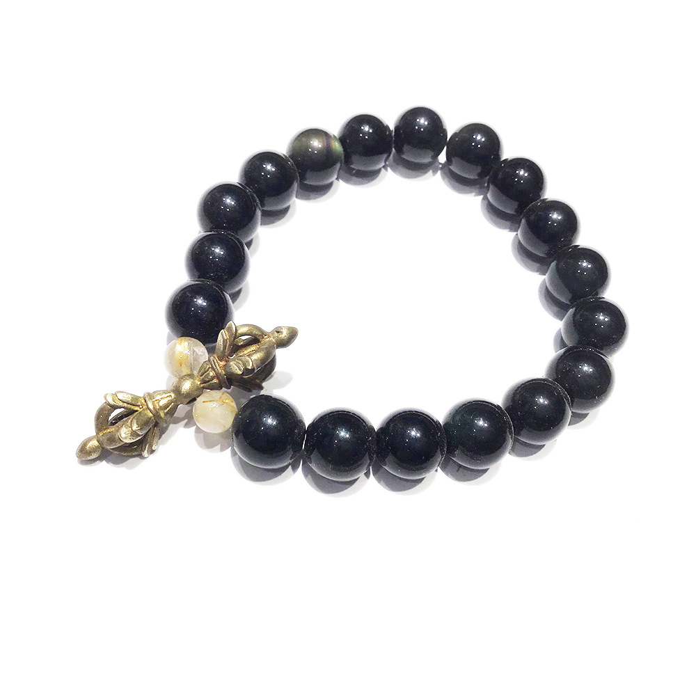 金剛杵{銅鎏金}黑曜岩手珠10mm【十方】130258