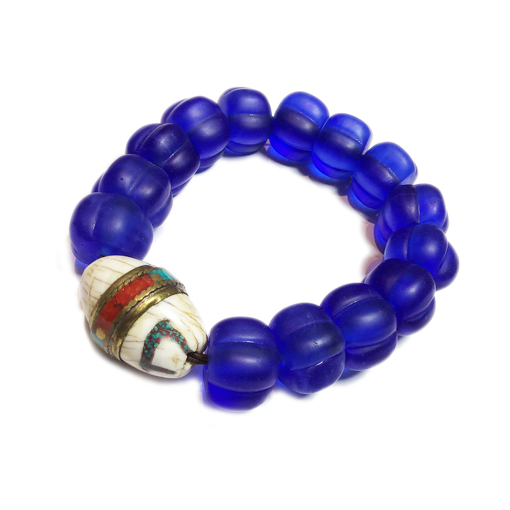 老硨磲天珠&福瓜藍琉璃手珠16mm【十方】130687