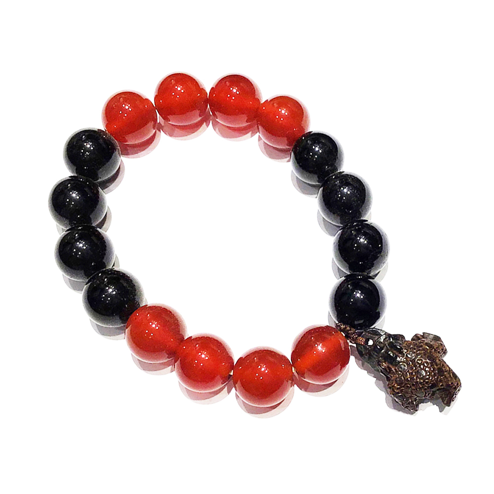 咬錢蟾蜍+黑碧璽+紅玉髓手珠12mm【十方】133634