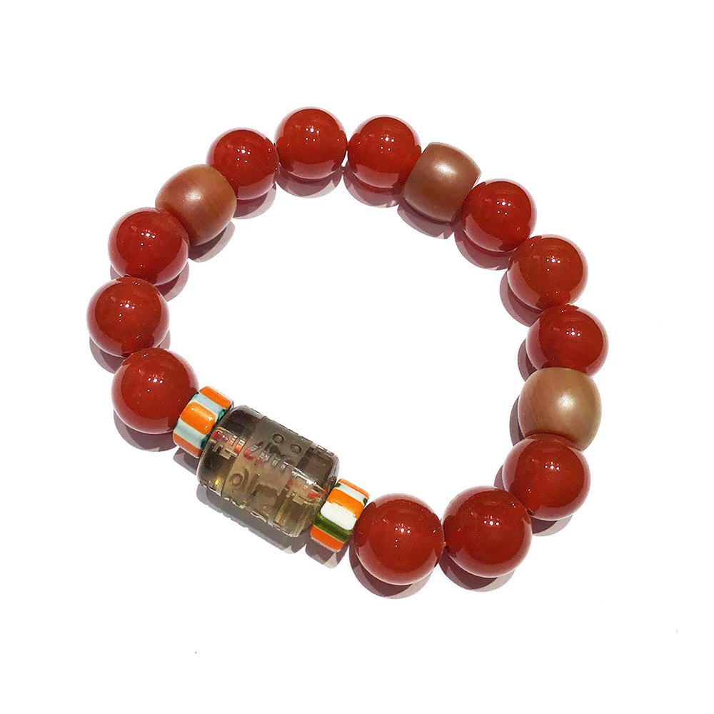 六字真言{茶晶}+紅玉髓手珠14mm【十方】135694
