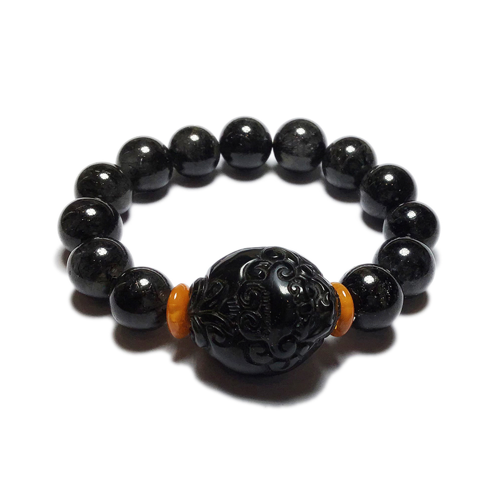 金錢龜+黑碧璽髮晶手珠12mm【十方】136596
