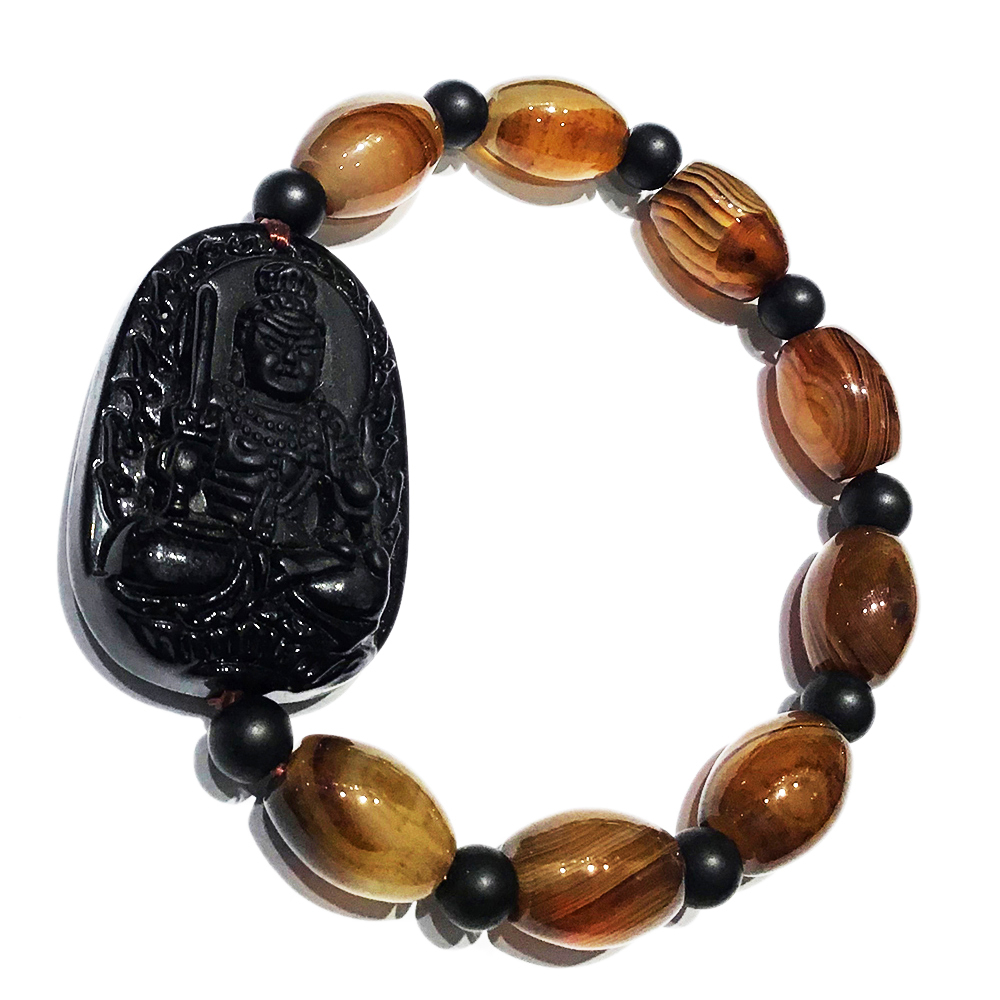 不動明王黑曜岩+玉髓手珠【十方】140588