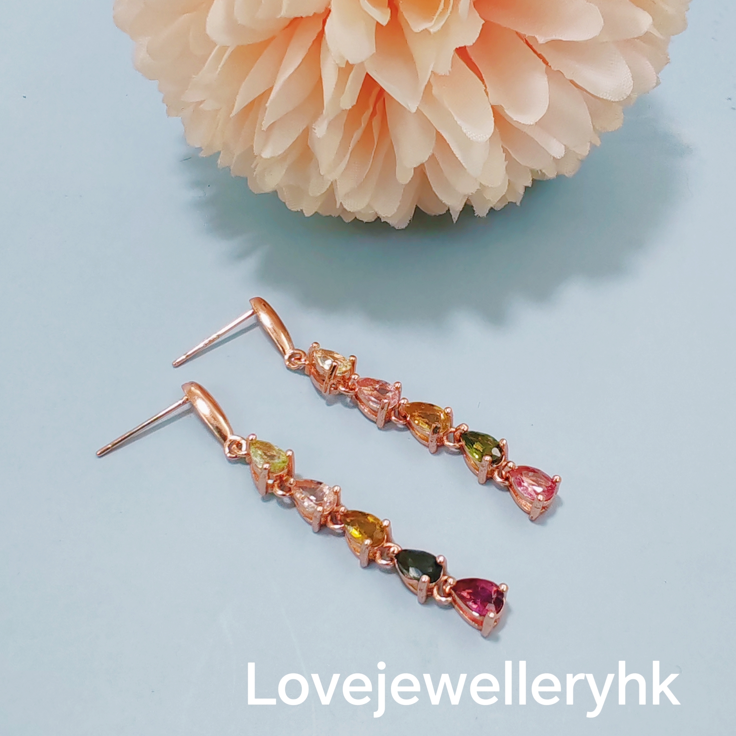 天然碧璽水滴形長款耳環  GE007