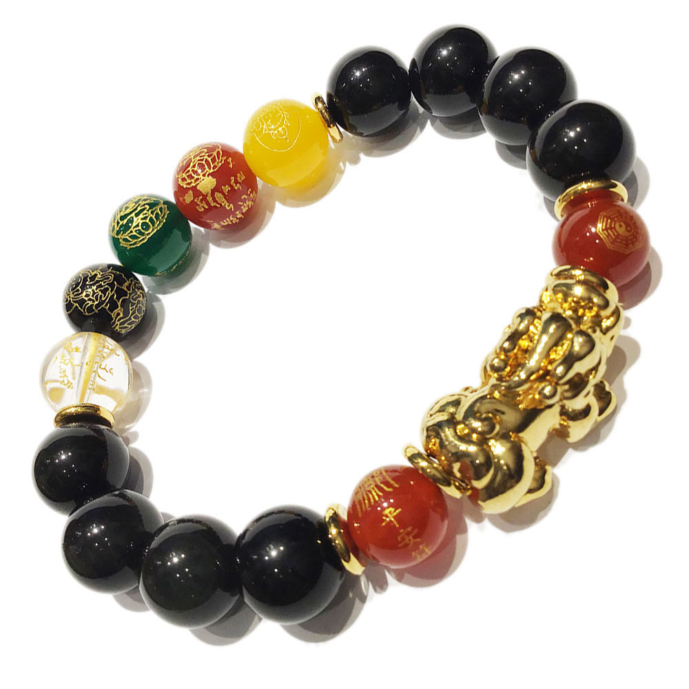 招財貔貅+五路財神&黑曜石手珠 12mm【十方】146889