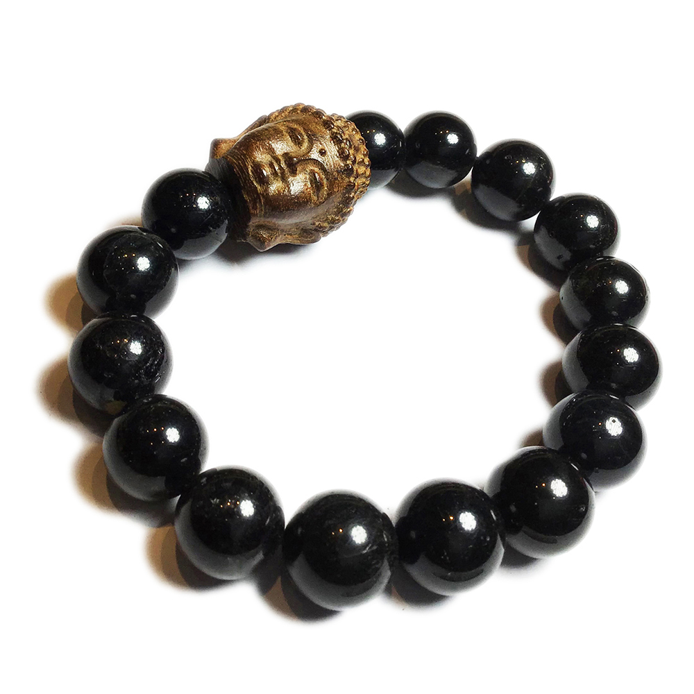 佛首{土沉香木雕}黑碧璽髮晶手珠12mm【十方】148286