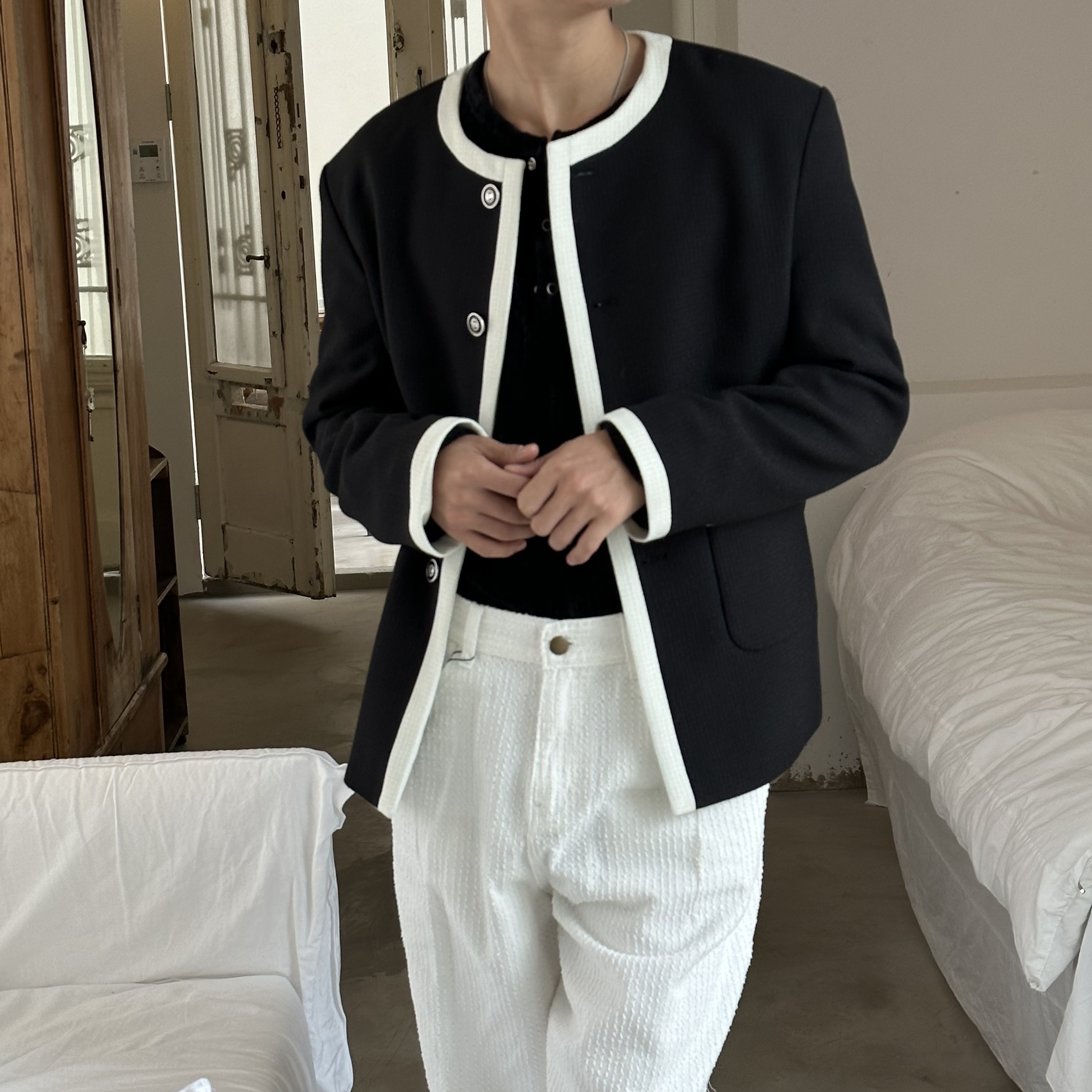 線條圓領粗花呢風格外套